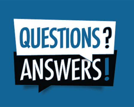 Blue graphic with chat bubbles that say "Questions? Answer!"
